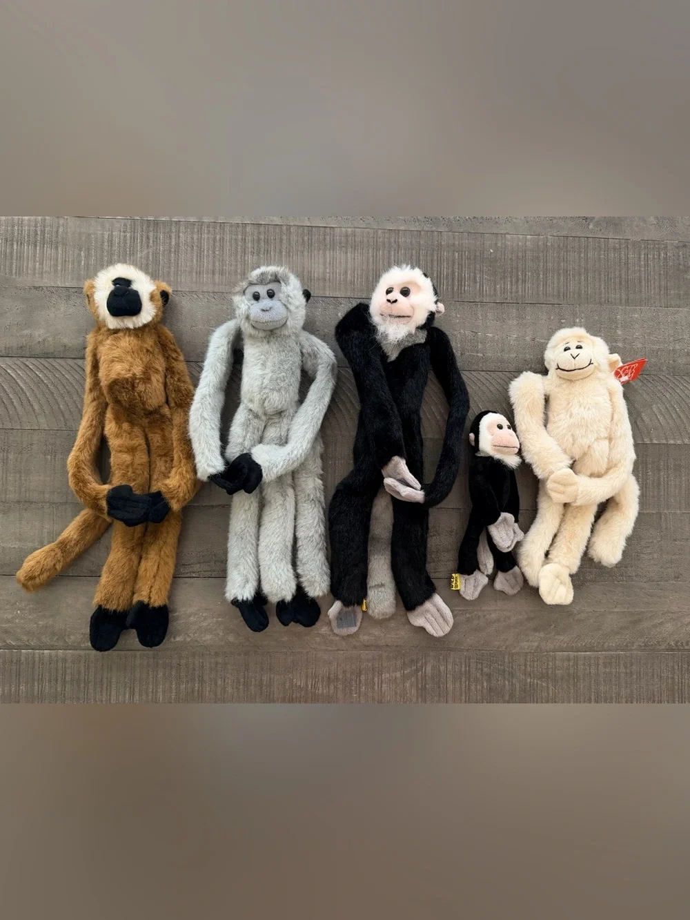 Set of Plush Long-Leg Monkeys - Brown, Gray, Black, Cream